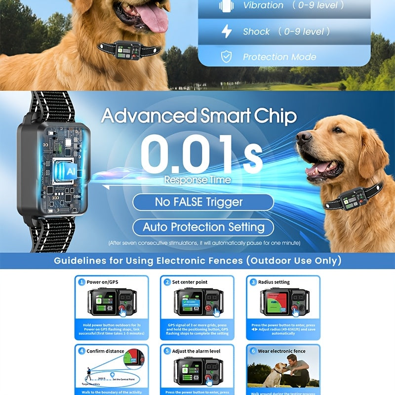 Adjustable GPS Wireless Dog Fence with 49–6561 ft Listed Range, Rechargeable Boundary Training Collar with Beep, Vibration and Static Modes for Outdoor Yards