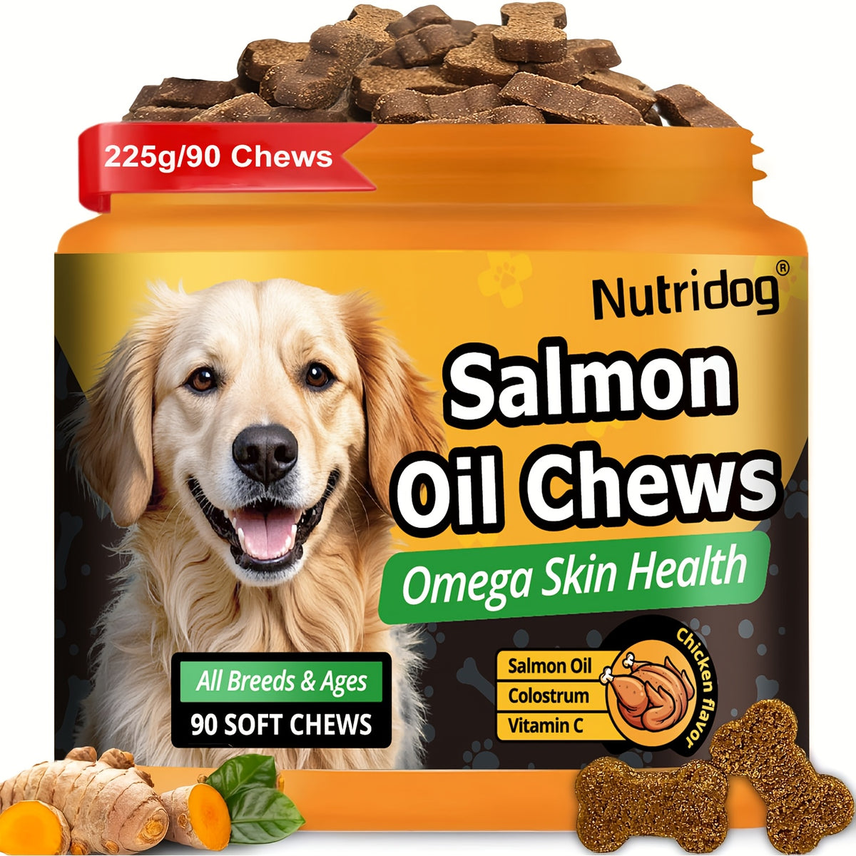 Dog Supplement Soft Chews with Probiotics & Salmon Oil, Chicken Flavor Multivitamin Nutritional Chews in 90 or 270 Count Options