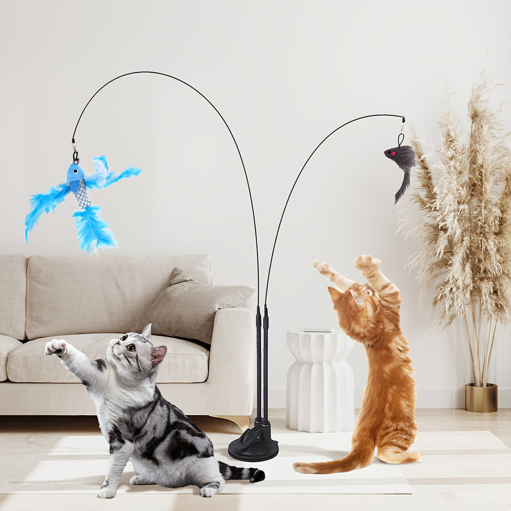 Suction Cup Cat Wand Toy with Two Flexible Teaser Rods, Lake Blue Interactive Feather-Style Cat Toy for Indoor Cats and Supervised Kitten Play
