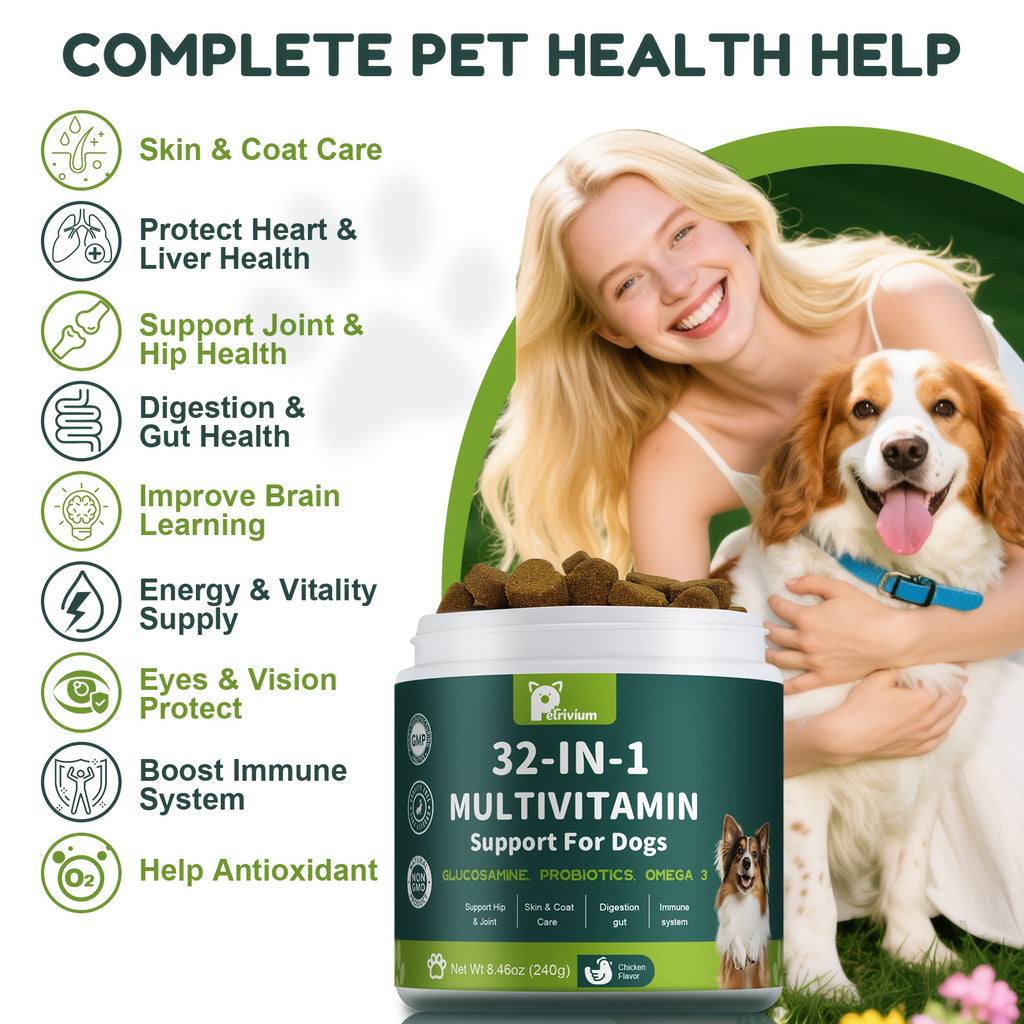 Canine Multivitamin Chews with Glucosamine, MSM, Omega 3 and 6 and Probiotics, Chicken Flavor Dog Supplement in a 120 Count Soft Chew Tub