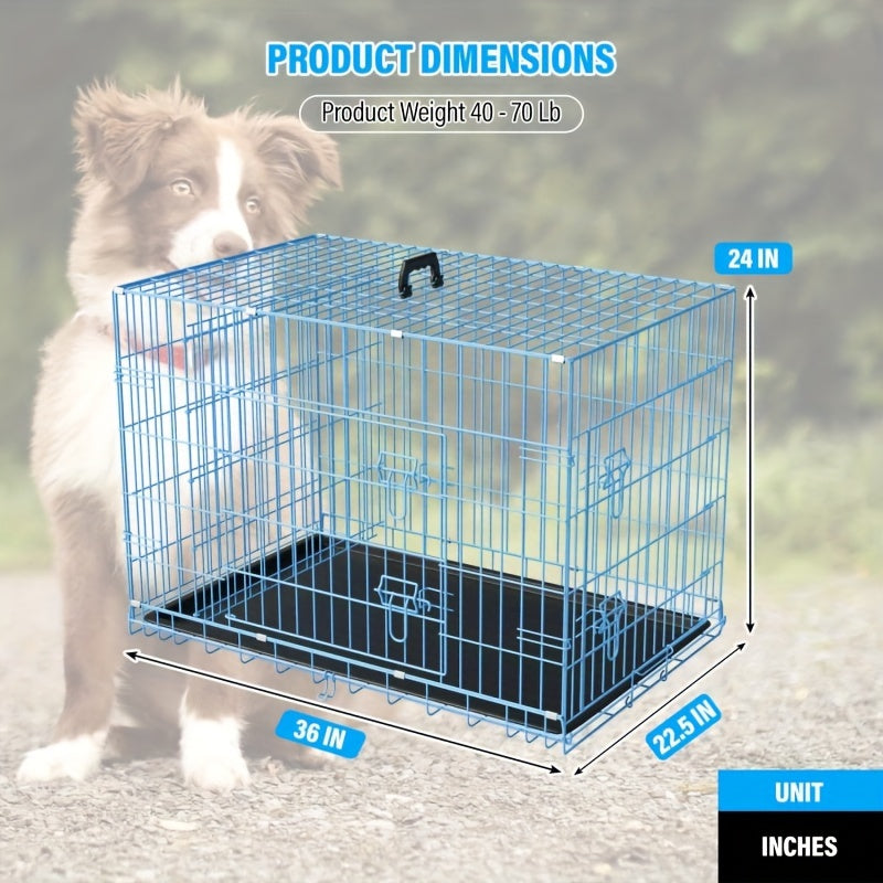 Foldable Dog Crate with Divider Panel, Metal Wire Pet Kennel with Plastic Pan in 18, 24, 30 or 36 Inch Length Options, Black, Blue and Pink Styles