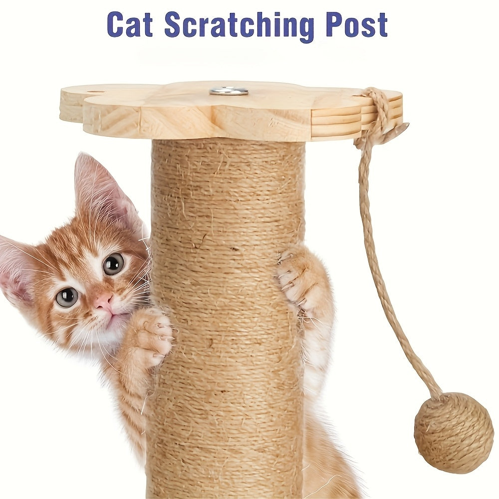 4-in-1 Cat Scratching Post with Wooden Ball Track, Sisal Scratcher with Six Wooden Balls, Feather Teaser and Hanging Toys for Indoor Cats