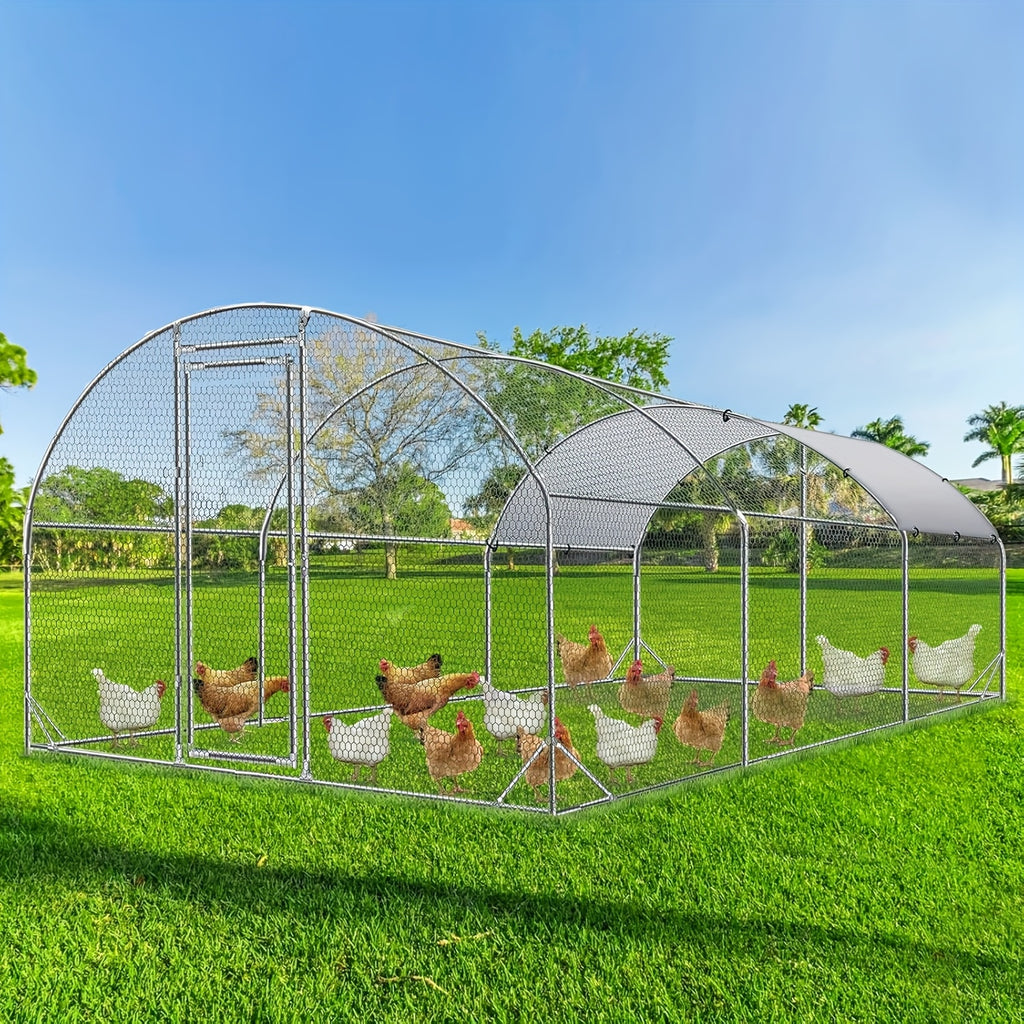 Metal Chicken Coop with UV-Resistant Cover, Walk-In Outdoor Poultry Enclosure for Backyard Hens with Flat, Dome or Spire Roof Options