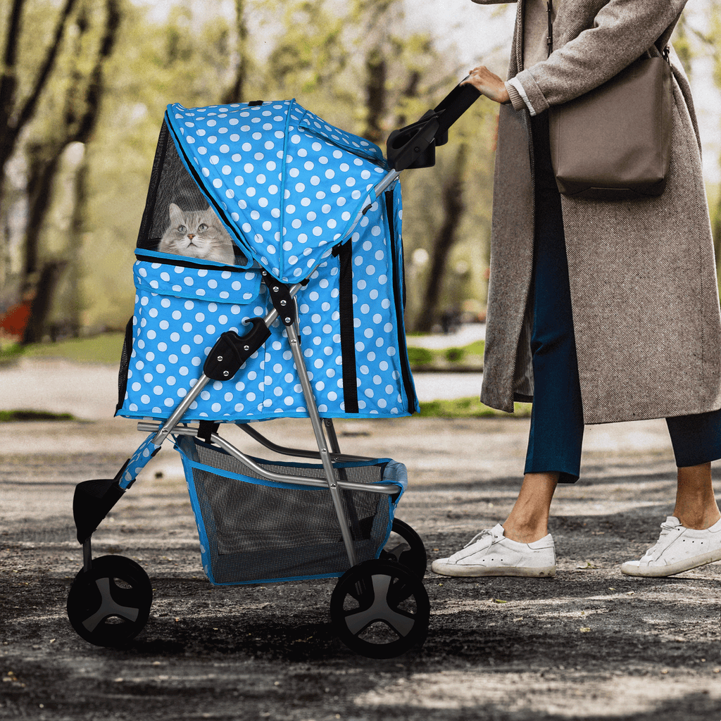 Three-Wheel Dog Stroller with Weather Cover, Foldable Mesh Pet Pushchair for Small Dogs and Cats, Storage Basket, Cup Holder and 10 Style Options