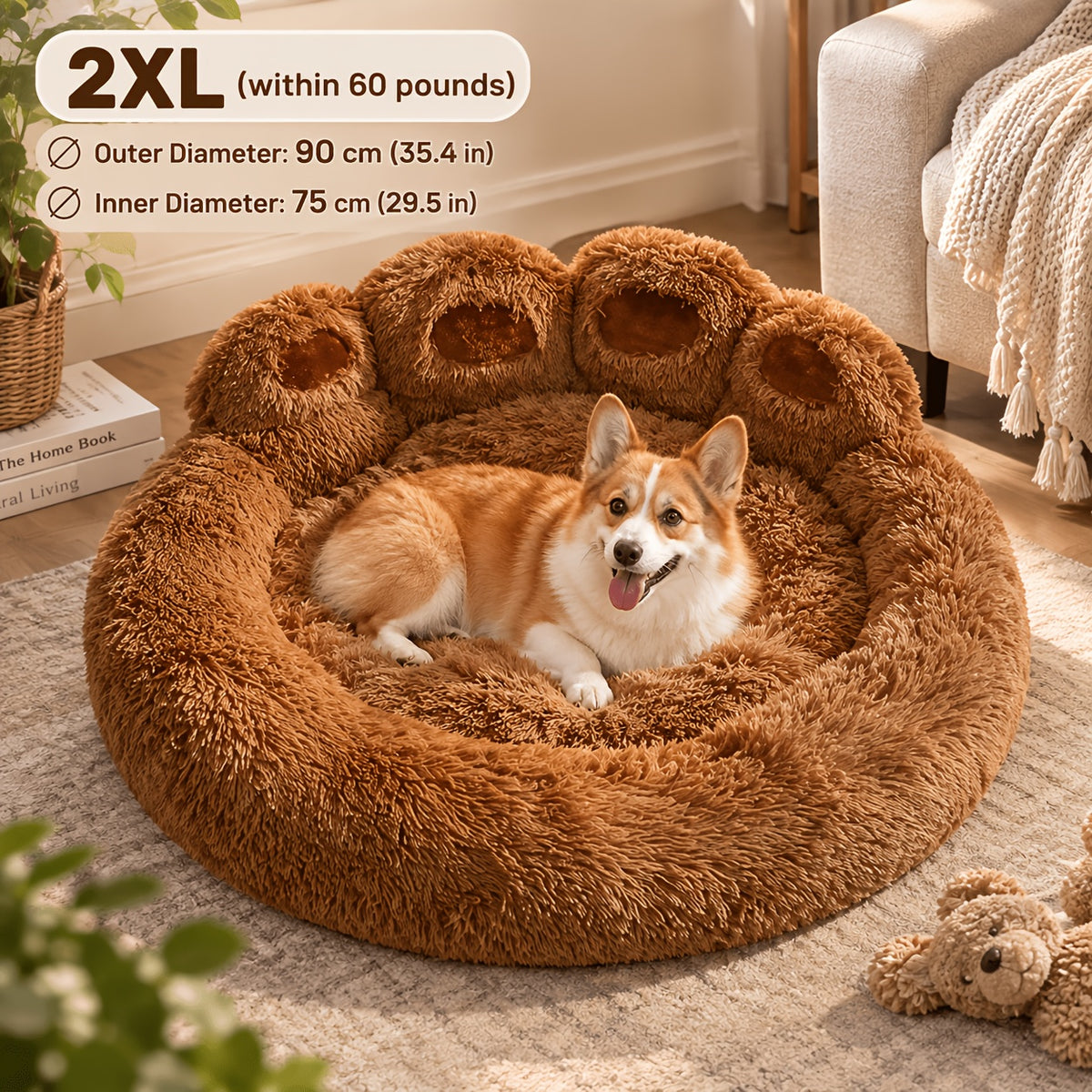 Plush Dog Bed with Bear Paw Shape, Soft Faux Fur Cat Sleeping Cushion with Non-Slip Bottom, Coffee Pink or Gray for Pets up to 30 lbs