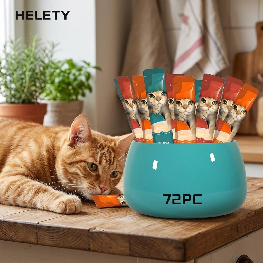 Cat Puree Treat Sticks 15g, Creamy Lickable Snacks for Hand Feeding and Meal Topping, Tuna or Yolk 10-Pack and Listed 72-Piece Mixed Options
