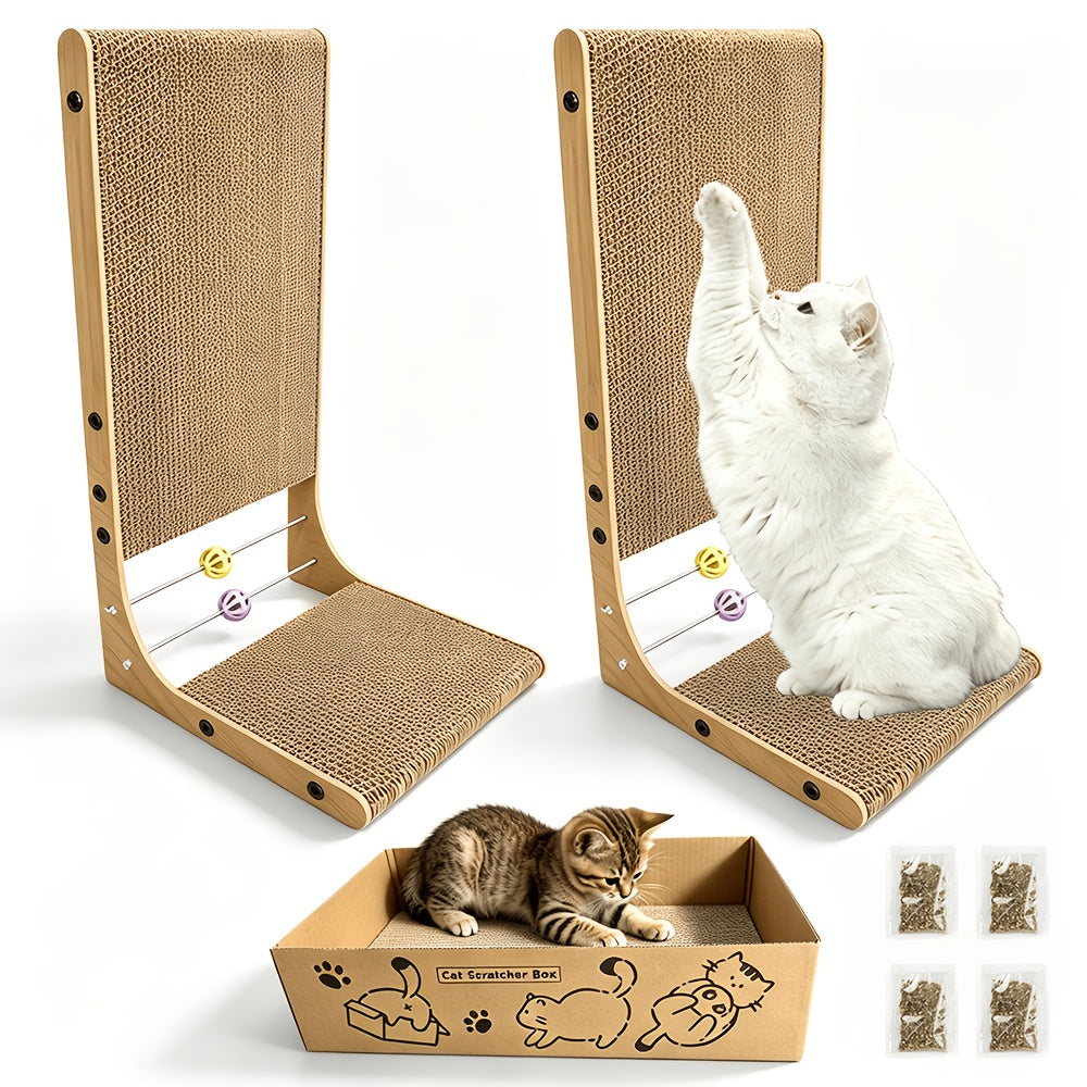 Cat Scratching Board with Toy Balls, 23-Inch L-Shaped Cardboard Scratcher for Indoor Cats, Vertical Stretch and Floor Scratch Pad, 1 or 3 Pieces