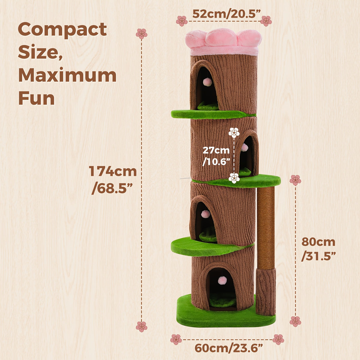 Forest Cat Tree Tower with Flower Top Perch, Indoor Climbing and Resting Furniture in 35.8, 56.3 or 68.5 Inch Height and Color Options