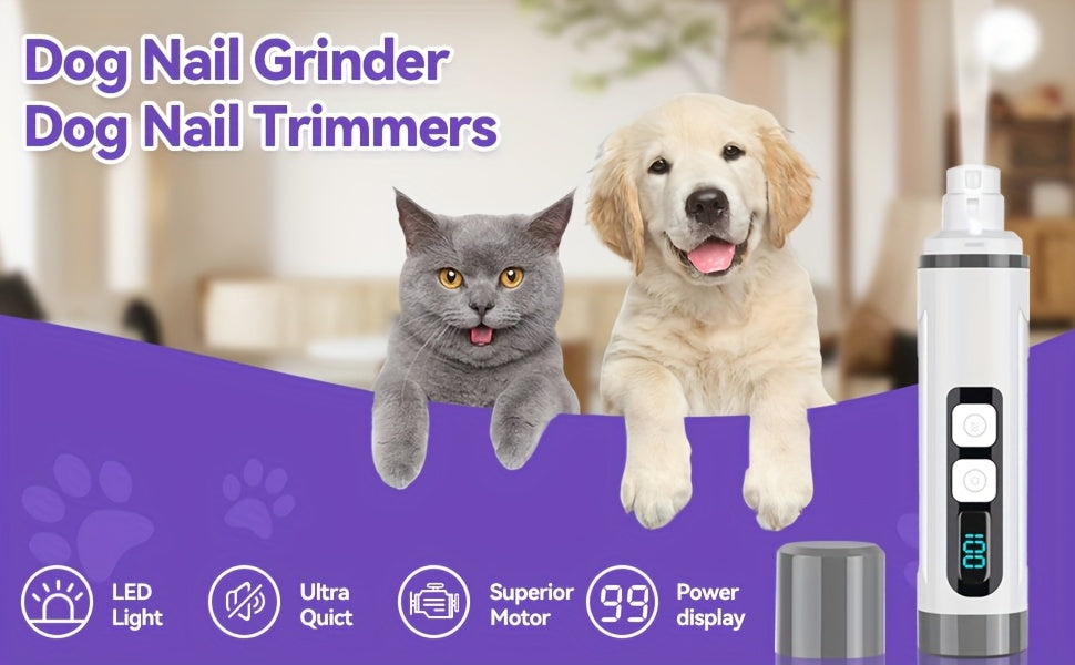Dog Nail Grinder with LED Light, Quiet 3-Speed Rechargeable Pet Nail Trimmer with 3 Grinding Ports and Diamond Bit for Small, Medium and Large Dogs and Cats
