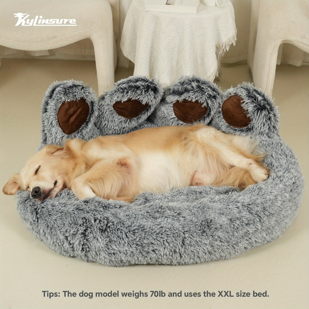 Gray Bear Paw Pet Bed with Scarf, Soft Plush Donut Sleeping Nest for Dogs and Cats with Raised Edges and Non-Slip Bottom, Five Sizes from 50 to 110 cm