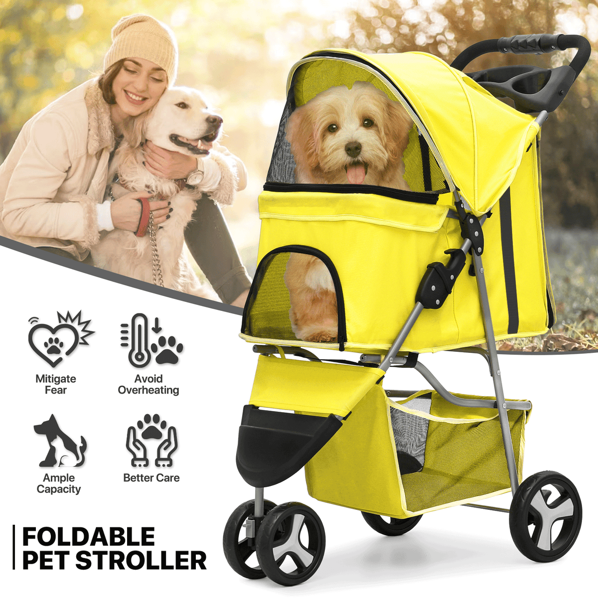 Foldable Dog Stroller for Small Dogs and Cats, 3-Wheel Pet Pushchair with Weather Cover, Breathable Mesh, Storage Basket and Cup Holder