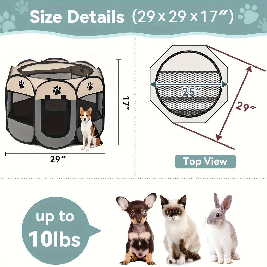 Pet Playpen Tent for Dogs and Cats, Foldable Octagonal Oxford Fabric Enclosure with Paw Print Design for Indoor, Outdoor and Travel Use