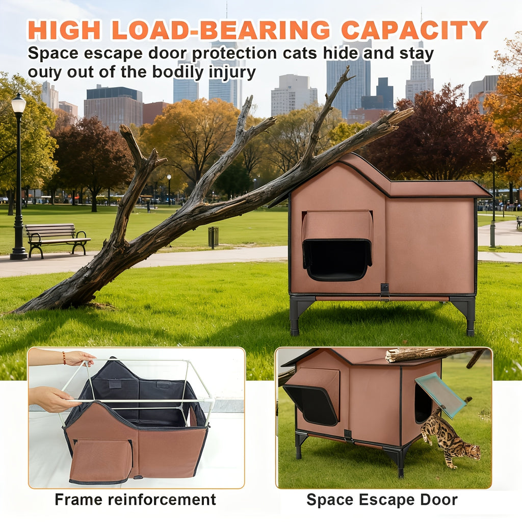 Heated Cat House with Removable Heating Pad and Elevated Bed, Brown 3-in-1 Cat Cave Shelter with Chew-Resistant Power Cord, L or XXL