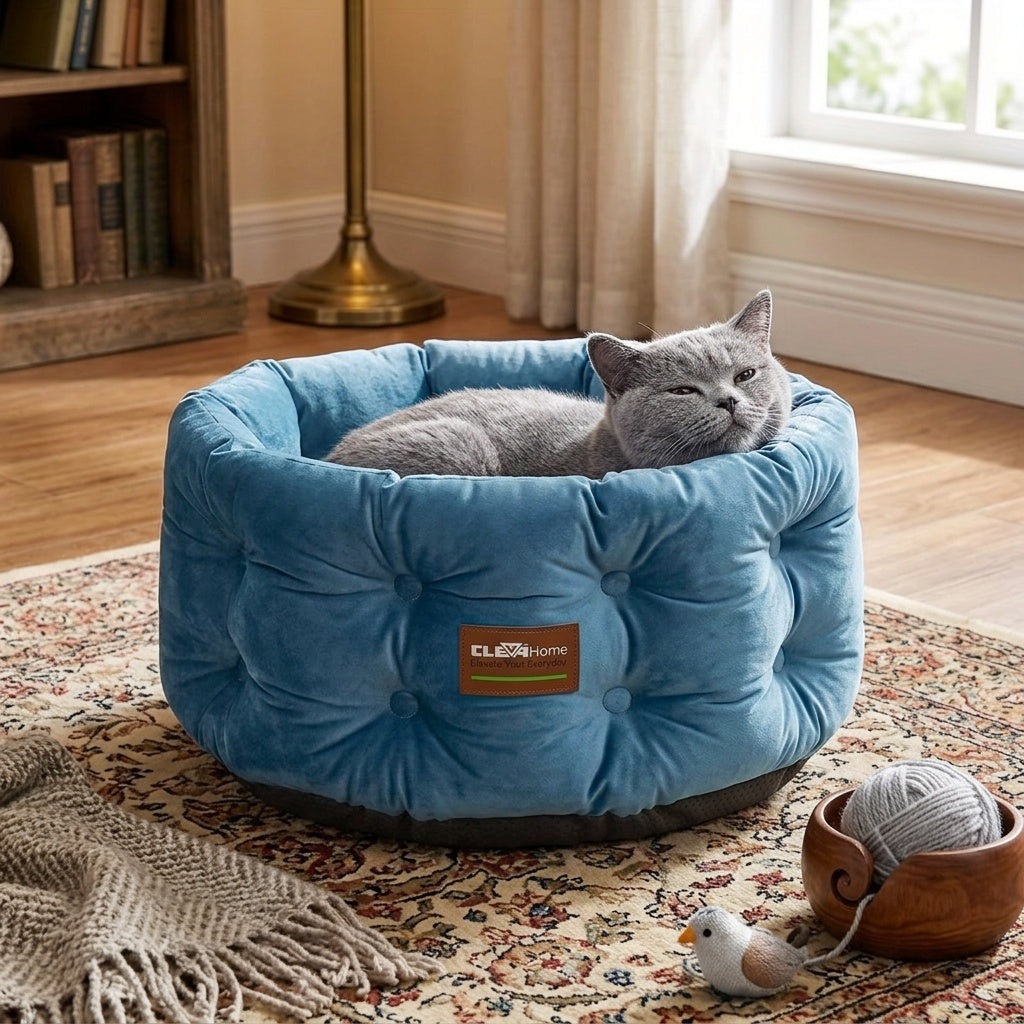 Deep Nest Cat Bed for Indoor Cats up to 15 lbs, 20-Inch Round Velvet-Feel Pet Sleeper with Extra-High Sides, Washable Design and Non-Slip Bottom