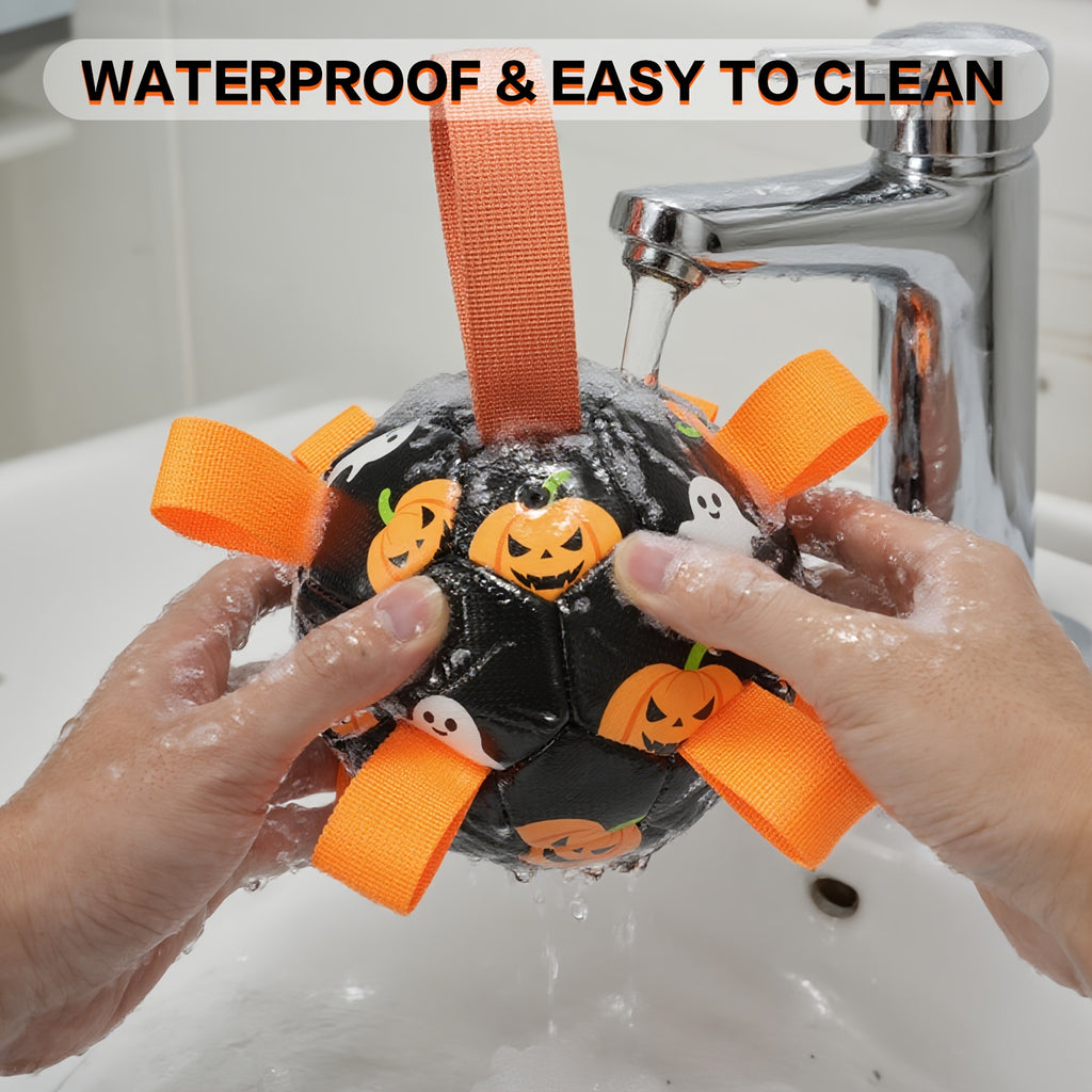 Halloween Dog Ball with Pumpkin and Ghost Print, Black Soccer-Style Fetch Toy with Orange Grab Straps, Pump and Needle for Supervised Outdoor Play