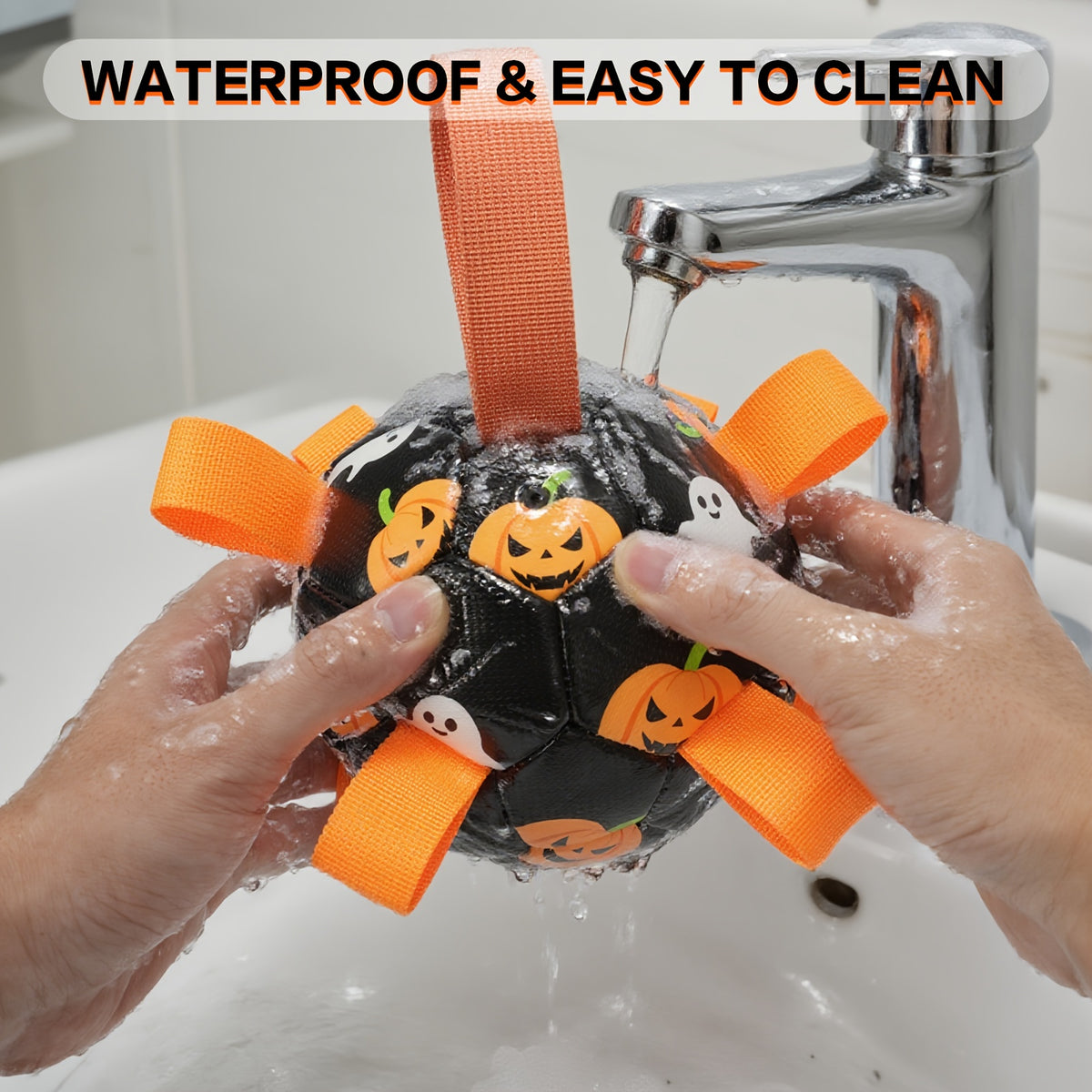 Halloween Dog Ball with Pumpkin and Ghost Print, Black Soccer-Style Fetch Toy with Orange Grab Straps, Pump and Needle for Supervised Outdoor Play