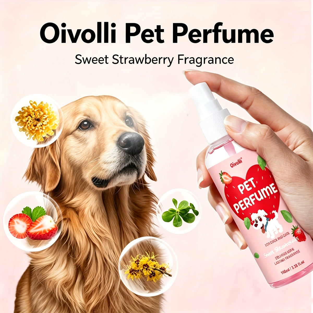 Dog Perfume Spray with Sweet Strawberry Scent, 100ml Pet Cologne and Deodorizing Mist for Label-Directed Coat and Bedding Freshening
