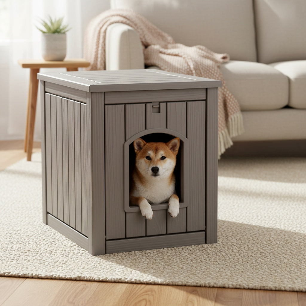 Pet House with Ventilation Windows, Easy-Assemble Resin Resting Shelter in Black or Light Brown for Indoor and Sheltered Outdoor Placement