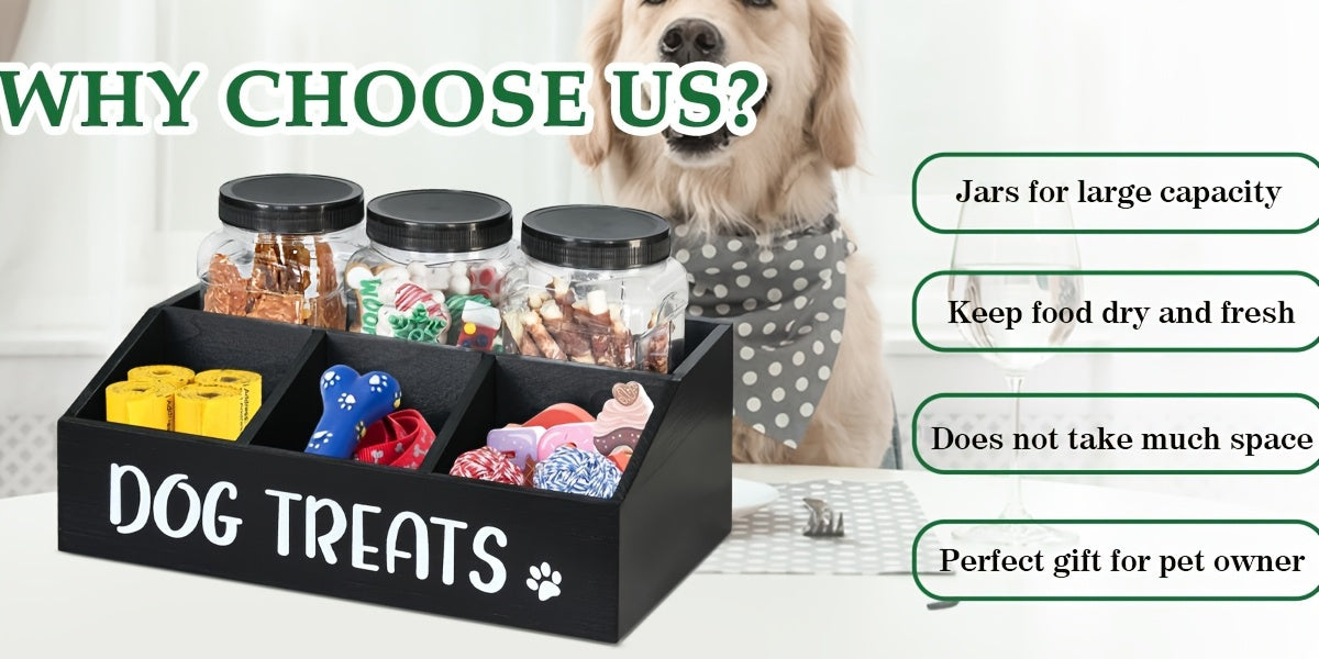 Dog Treat Storage Organizer with 3 Clear Jars and Scoop, Solid Wood Farmhouse Pet Snack Station with Compartments for Cat and Dog Supplies