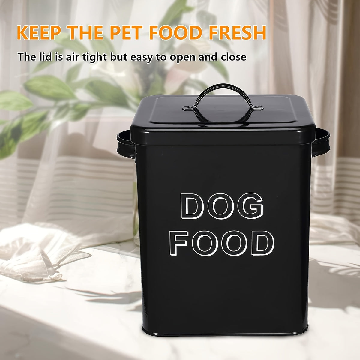 Dog Food Storage Canister with Scoop and Lid, Square Metal Farmhouse Container for Dry Pet Food, Treats and Kitchen Countertop Organization