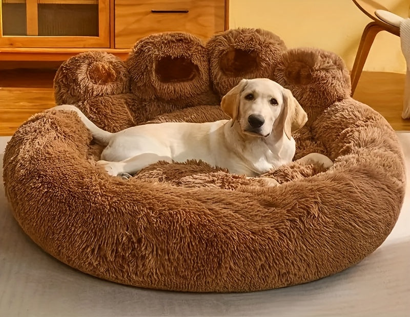 Dog Bed with Bear Paw Bolsters, Thick Plush Cat Sleeping Cushion with Non-Slip Bottom, Pink Grey or Coffee in 60cm, 70cm and 100cm Sizes
