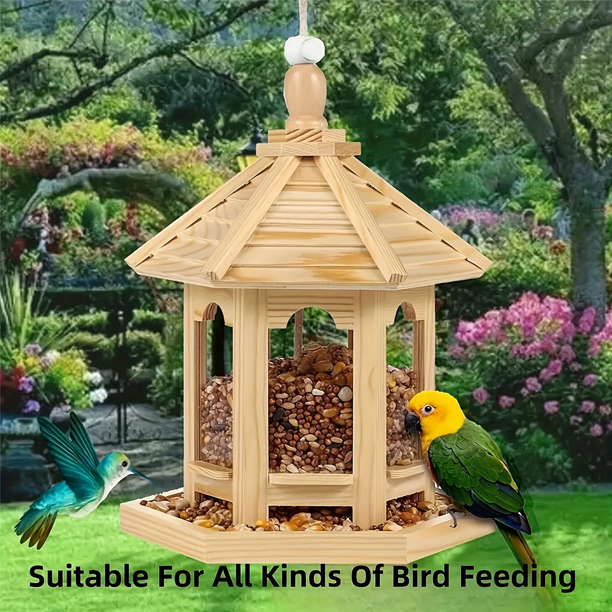 Wooden Hanging Bird Feeder for Outdoors, 1-Piece Wood Bird Feeding Station for Balcony, Patio and Garden Backyard Birdwatching