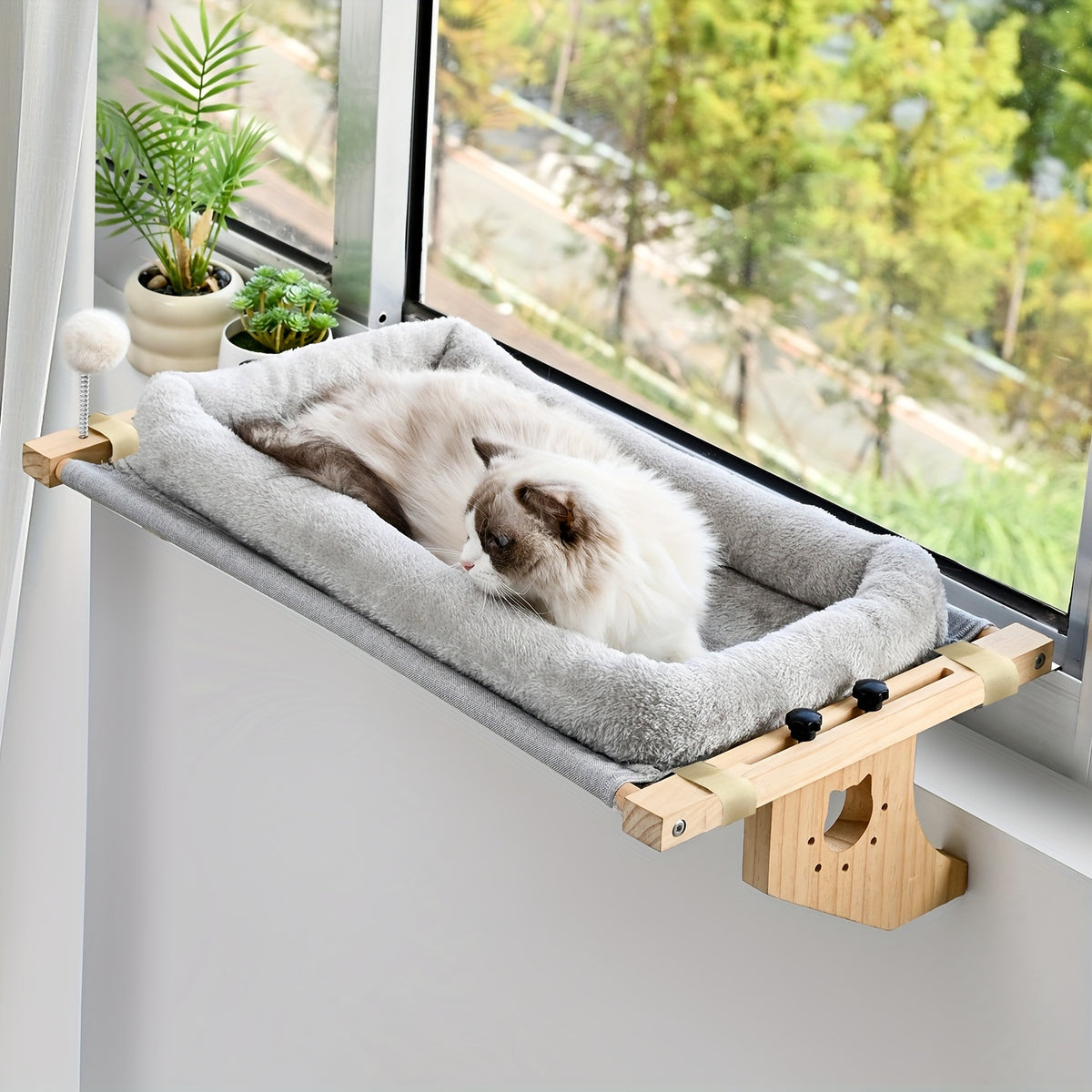 Wooden Cat Window Hammock, 19.7 x 15 Inch Adjustable Windowsill Perch with Plush Cushion and Optional Cooling Mat for Indoor Cat Lounging