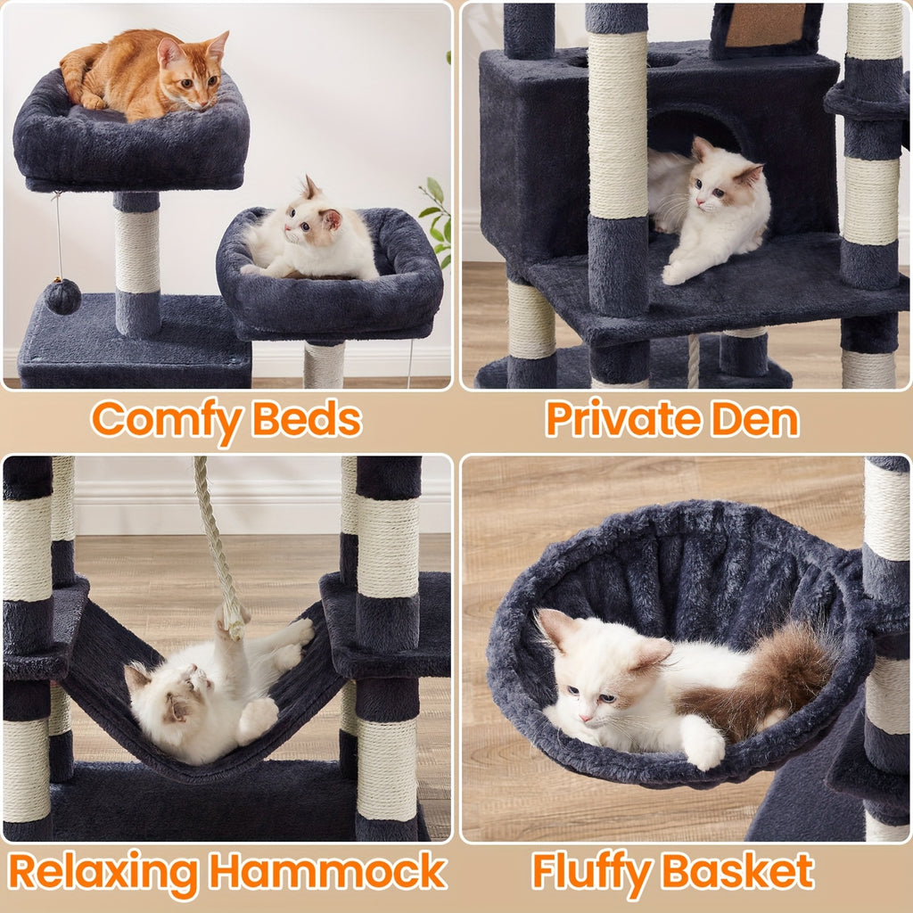 Cat Tree 66.1 Inch with 13 Scratching Posts, Five-Level Indoor Tower with Two Caves, Padded Perches, Basket, Hammock and Scratching Ramp