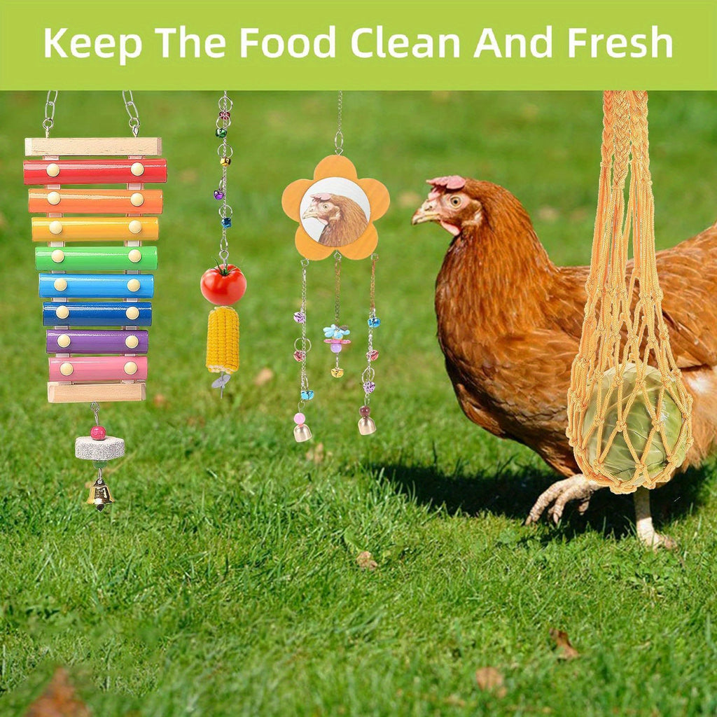 Chicken Enrichment Toys with Xylophone, Mirror, Ladder Bridge and Swing, 5 or 9 Piece Hanging Coop Accessory Sets for Backyard Hens and Poultry Play
