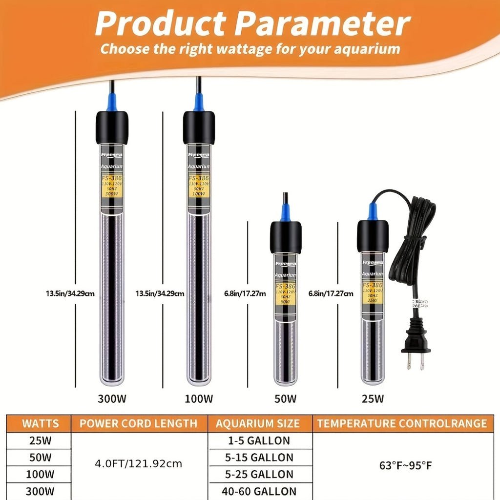 Submersible Aquarium Heater FS-386 with Adjustable Thermostat, Fish Tank Water Heating Rod in 25W, 50W, 100W or 300W for Indoor Aquatic Setups