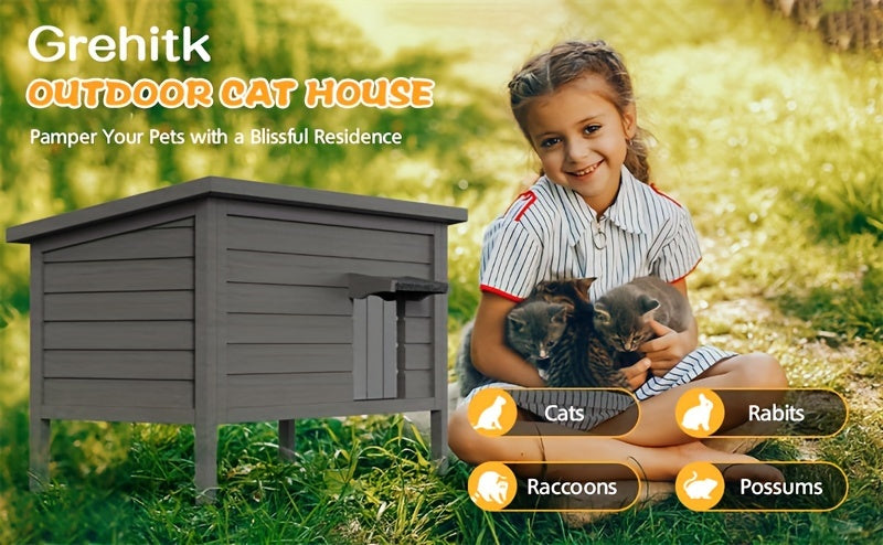 Wooden Outdoor Cat House with Six-Side Foam Insulation, Raised Floor and Feeding Station, 34.4 x 21.7 x 27.2 Inch Feral Cat Shelter in Grey or Coffee