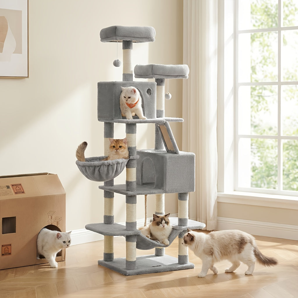 Multi-Level Cat Condo Tower with Cave and Plush Hammock, Sisal Scratching Features and Perches for Indoor Rest and Play, 44 66 or 79 Inch Options