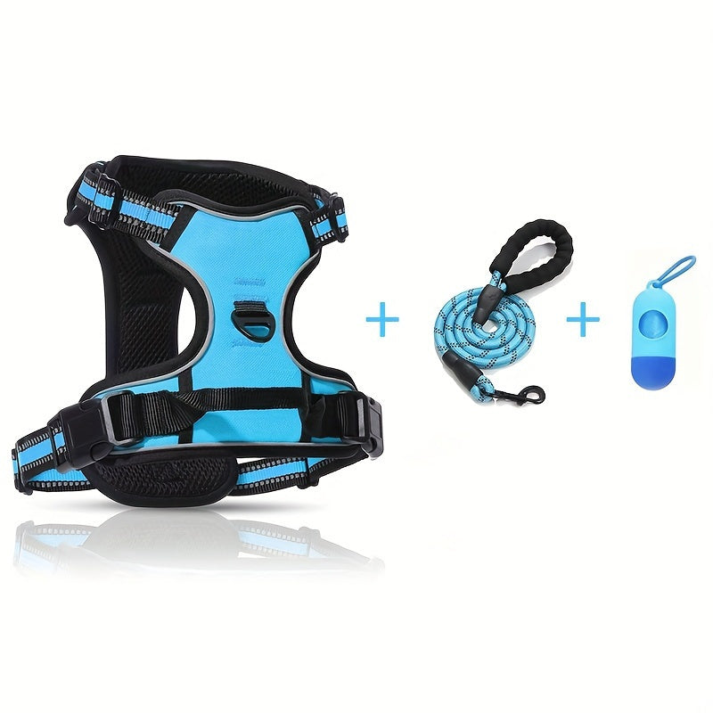 Dog Harness Set with Poop Bag Dispenser and Leash, Adjustable Reflective No-Pull Walking Gear in Black, Pink, Blue or Purple, S M L Options