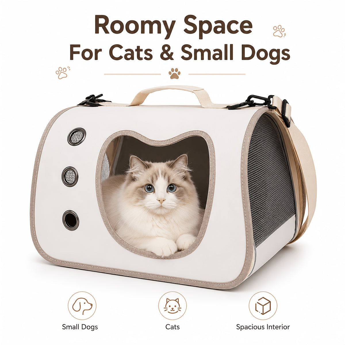 Cat Carrier with Cat-Face Viewing Window, Foldable Pet Travel Bag with Mesh Ventilation and Adjustable Shoulder Strap for Kittens and Small Dogs