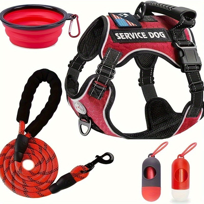 Dog Harness Walking Kit with Reflective No-Pull Adjustable Harness, Leash, Water Bowl and Two Bag Holders, 5-Piece Set for Small Medium and Large Dogs