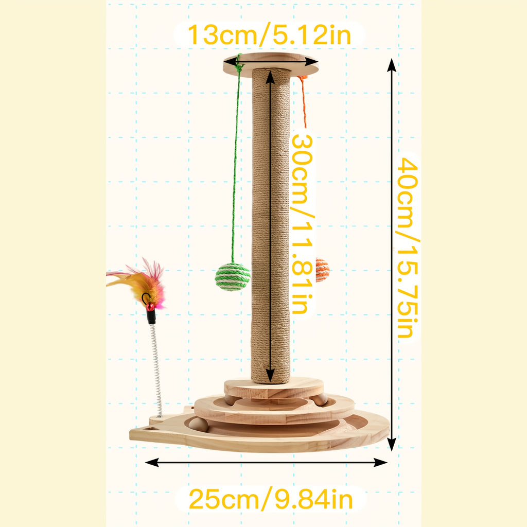 Interactive Cat Scratching Post with Double-Layer Ball Track and Feather Toys, M L XL Cat Scratcher and Replacement Pillar Options for Indoor Cats