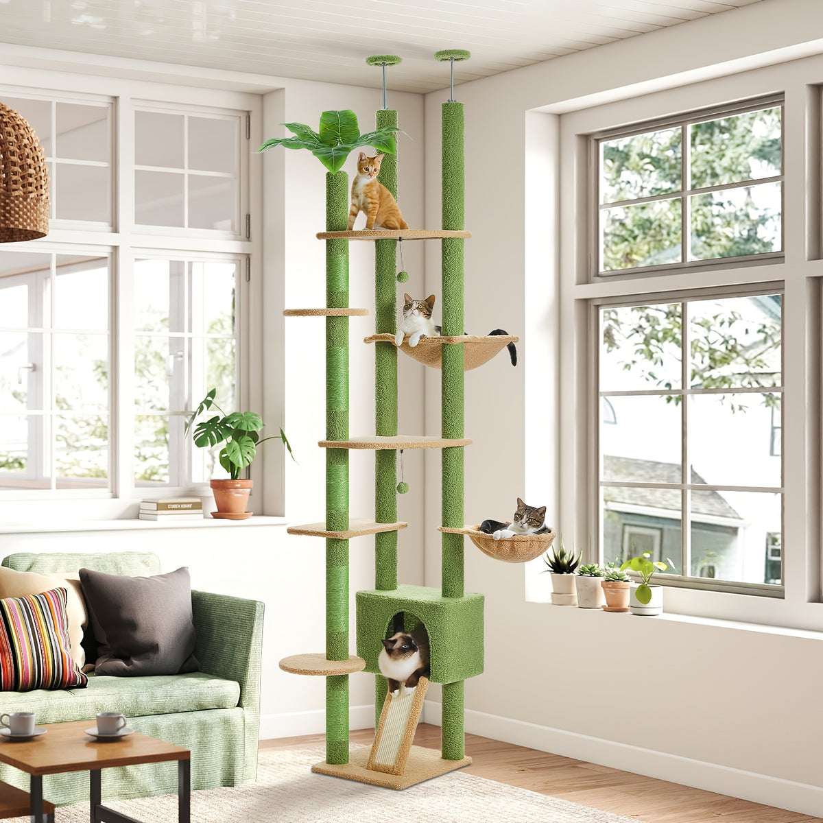 Adjustable Floor to Ceiling Cat Tree 90.5–100.4 Inches, Dual Top Support Indoor Tower with Condo, Hammocks, Climbing Platforms and Scratching Posts