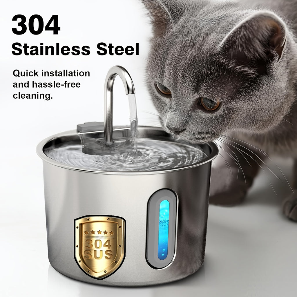 Cat Water Fountain with 3-Stage Filtration, 2.2L 304 Stainless Steel Pet Drinking Dispenser with Quiet USB Pump and Visible Water Level Window