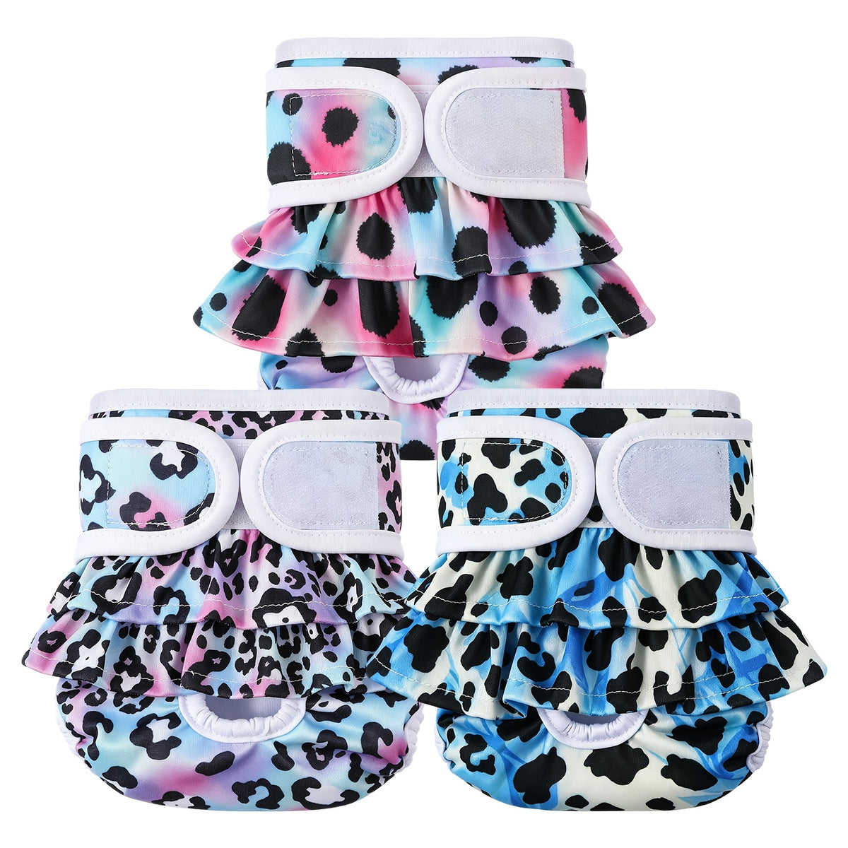 Reusable Female Dog Diapers, 3-Pack Washable Absorbent Heat Cycle Panties in Champagne or Colorful Leopard for X-Small to Large Dogs