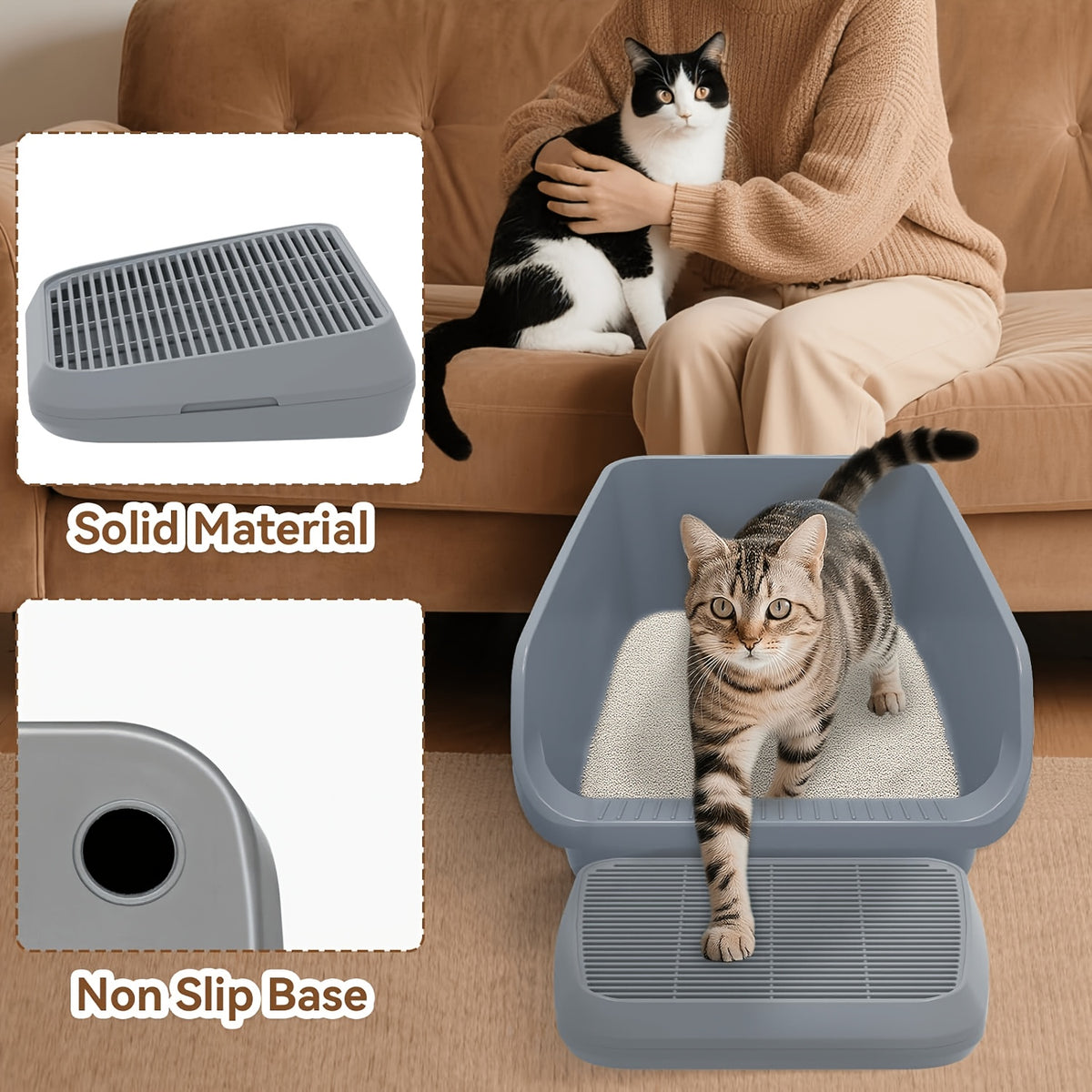 Cat Litter Box Ramp with Removable Trapping Grid, Dark Gray ABS Litter Collection Step, Washable Non-Slip Tray for Indoor Cat Cleanup
