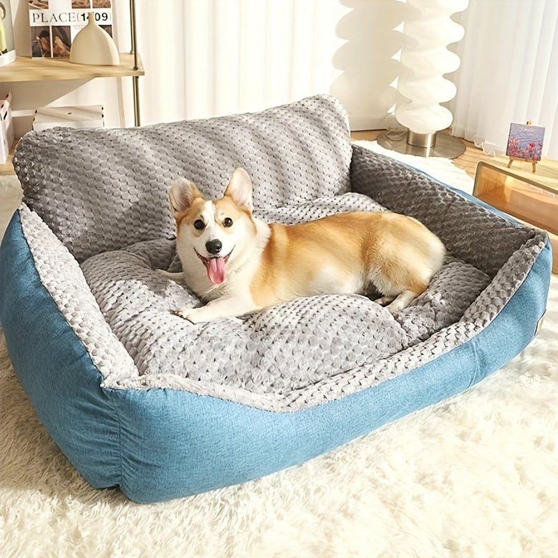 High Back Dog Sofa Bed with Plush Textured Cushion, Blue and Gray Bolster Pet Couch in Four Sizes for Small to Large Dogs and Cozy Indoor Rest