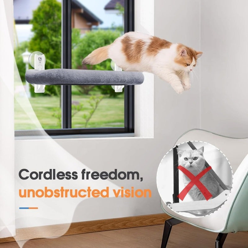 Folding Cat Window Perch with Plush Padded Bed, Cordless Metal Frame Hammock and 4 Suction Cups, 24.8 x 15.35 Inch Indoor Cat Lounger
