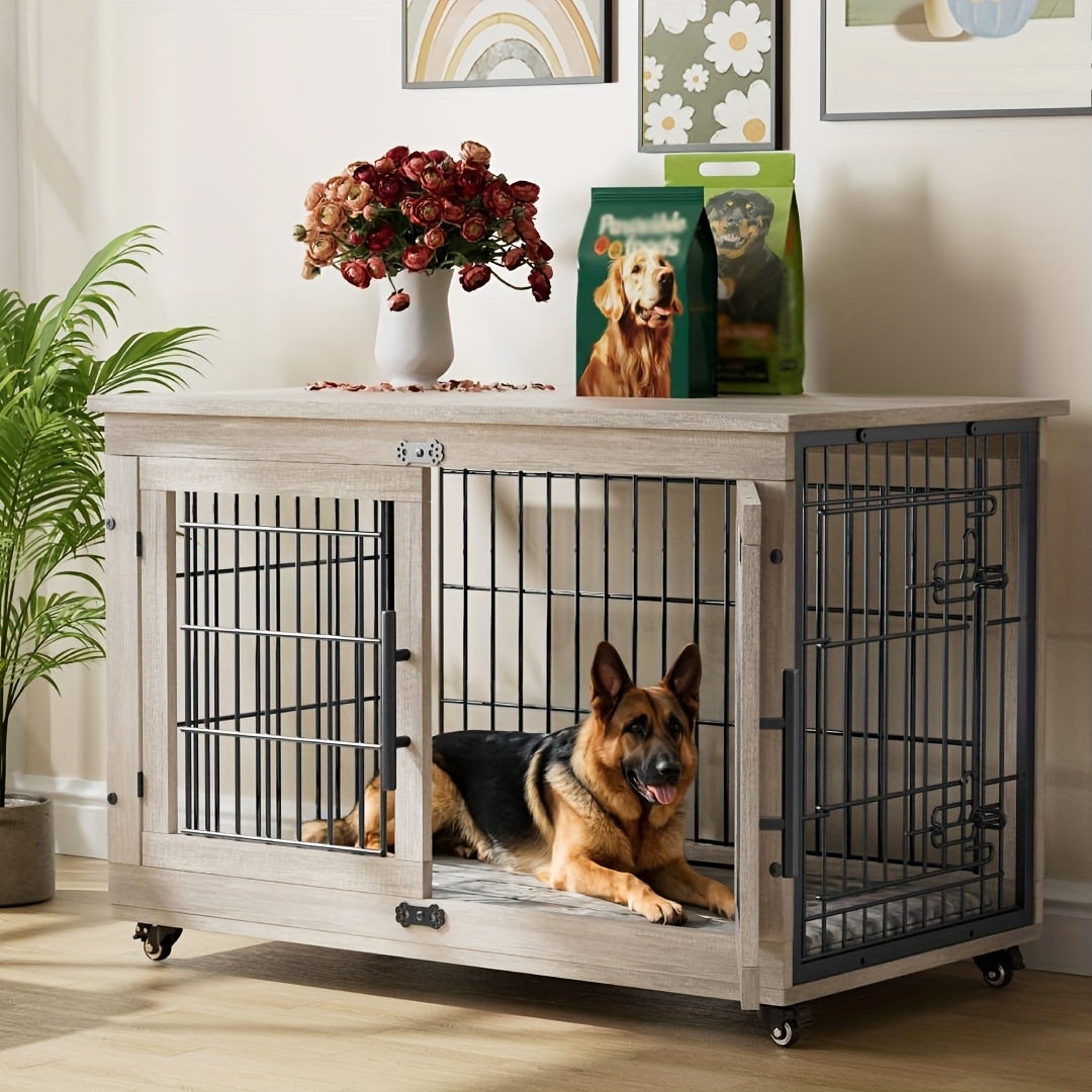 Wooden Dog Crate Furniture with Cushion Mat, 4 Sizes, Metal Bar Kennel End Table with Secure Lock, Reversible Side Door, Wheels or Anti-Slip Feet, Gray or Brown for S to XL Dogs