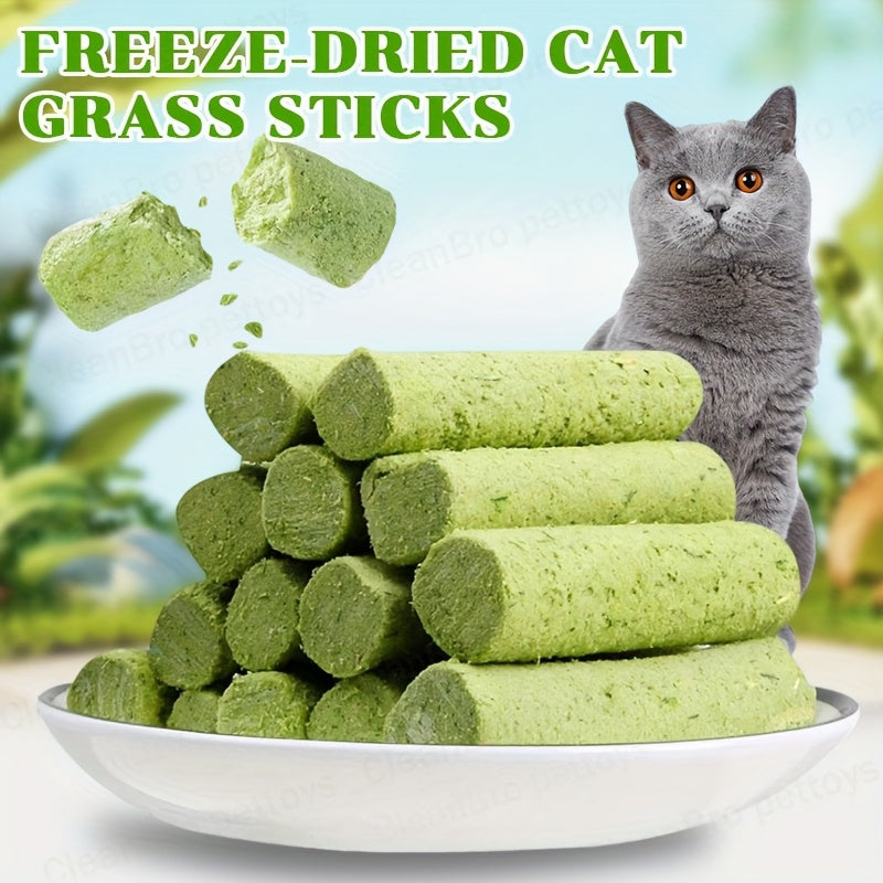 Cat Grass Chew Sticks, Freeze-Dried Edible Cat Snacks in 15 or 30 Piece Packs for Supervised Chewing, Treat Time and Cat Owner Gift Baskets