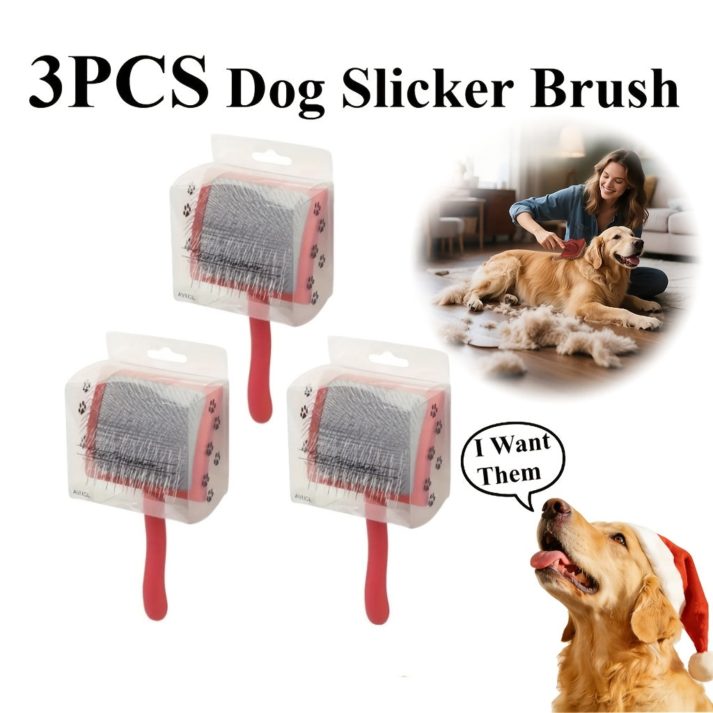 Long Pin Dog Slicker Brush 3-Pack, Stainless Steel Grooming Brushes for Large Dogs, Thick Coats, Loose Fur and Everyday Detangling in Multi-Dog Homes