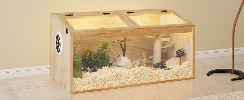Hamster Habitat Wooden Cage with Clear Acrylic Front, Openable Top and Side Locks, 31.5-Inch Small Pet Enclosure in Natural or Burlywood