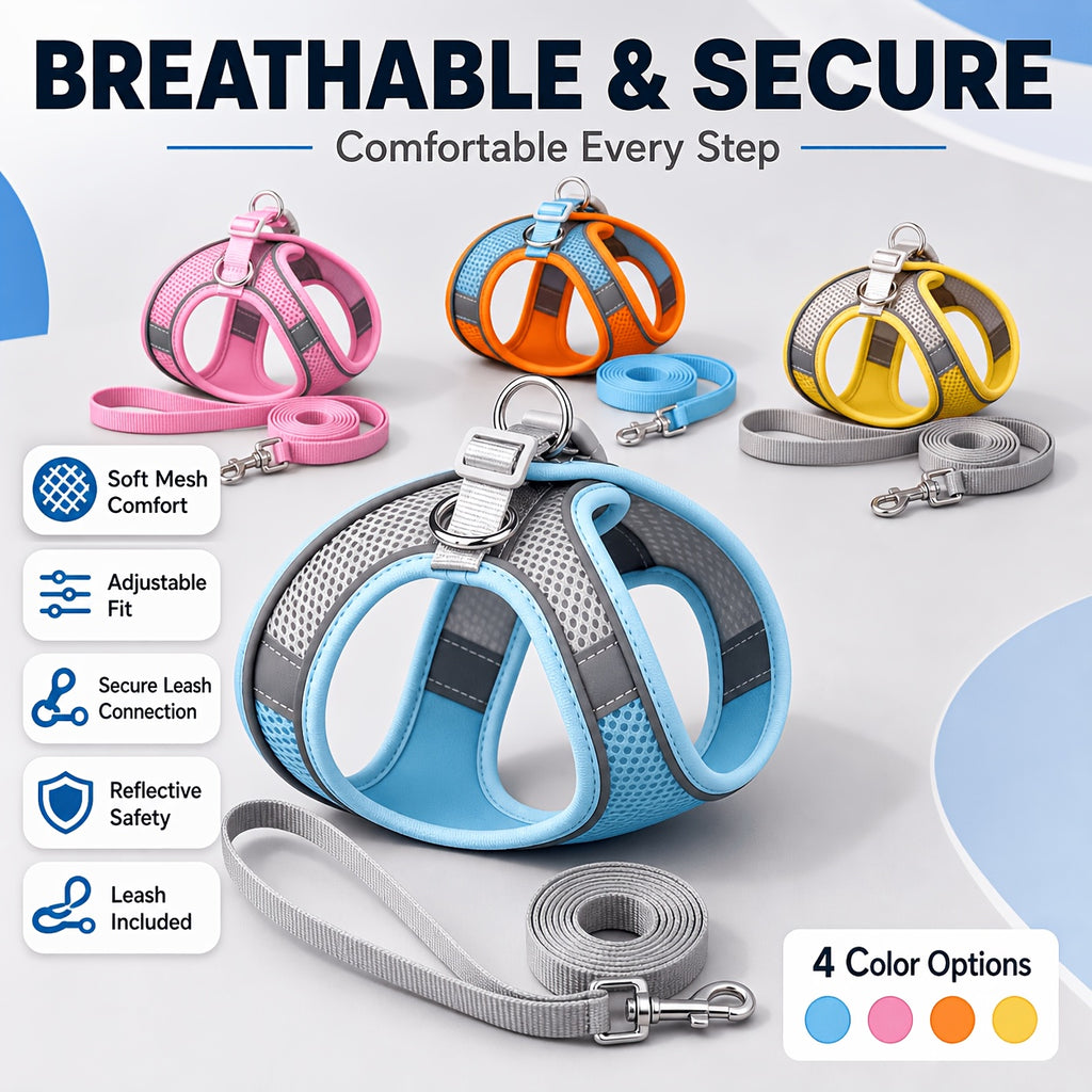 Mesh Pet Harness and Leash Set for Dogs and Cats, Reflective Vest with Padded Edges, Adjustable Fit and Four Color Options in XXS to L