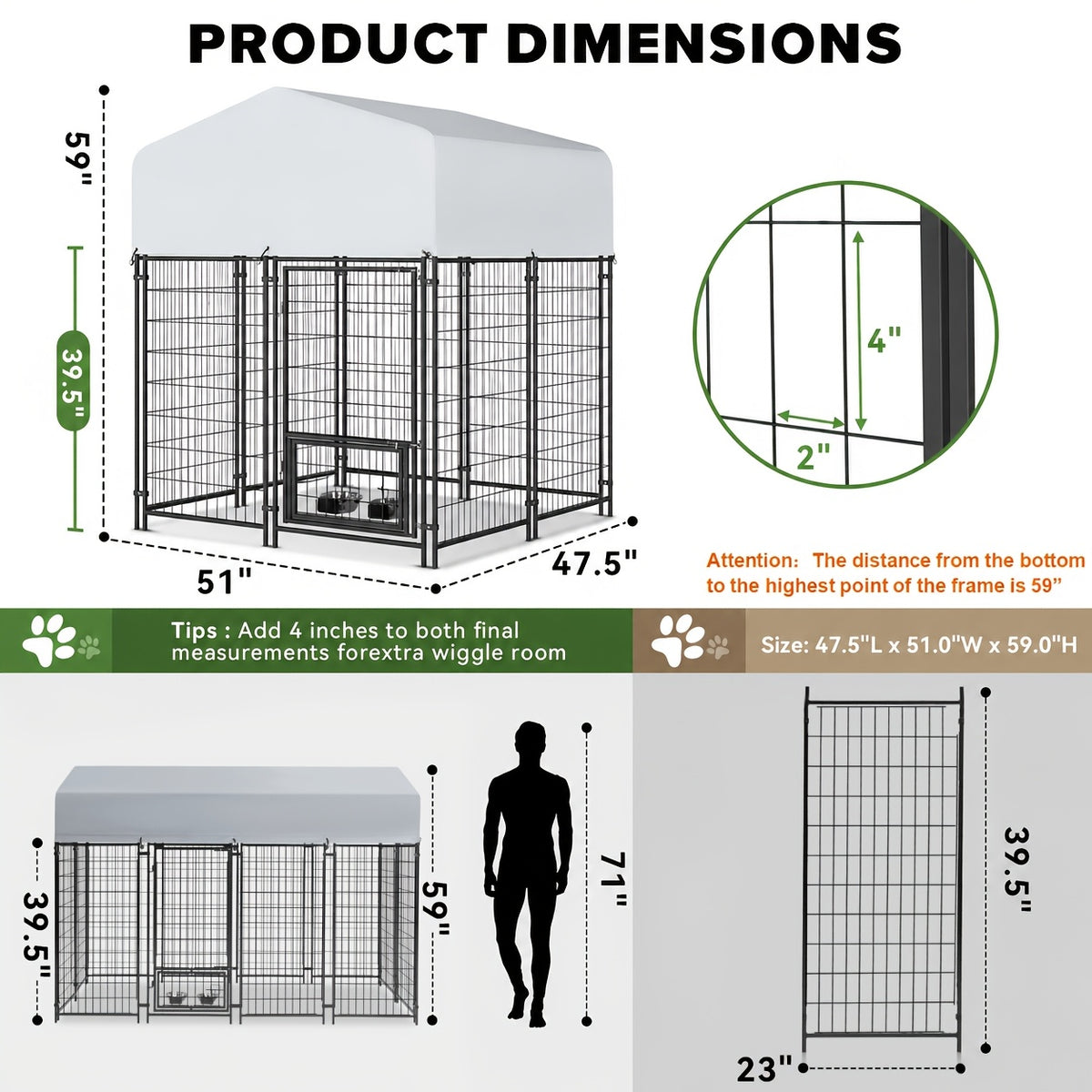 Outdoor Dog Kennel with Rotating Bowls, Heavy-Duty Welded Steel Dog Run with Secure Lock and UV-Resistant Roof, Three Sizes for Backyard Use