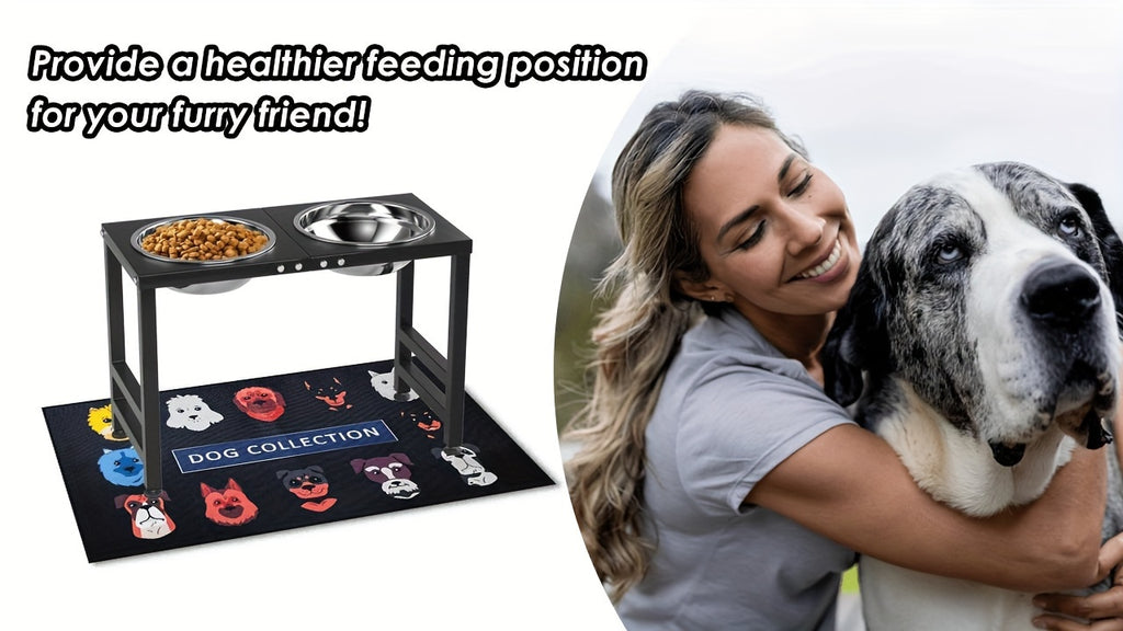 Raised Dog Feeding Station with Two 2L Stainless Steel Bowls, Metal Stand and Splash Mat for Large Dogs, 10 or 15.5 Inch Height Options