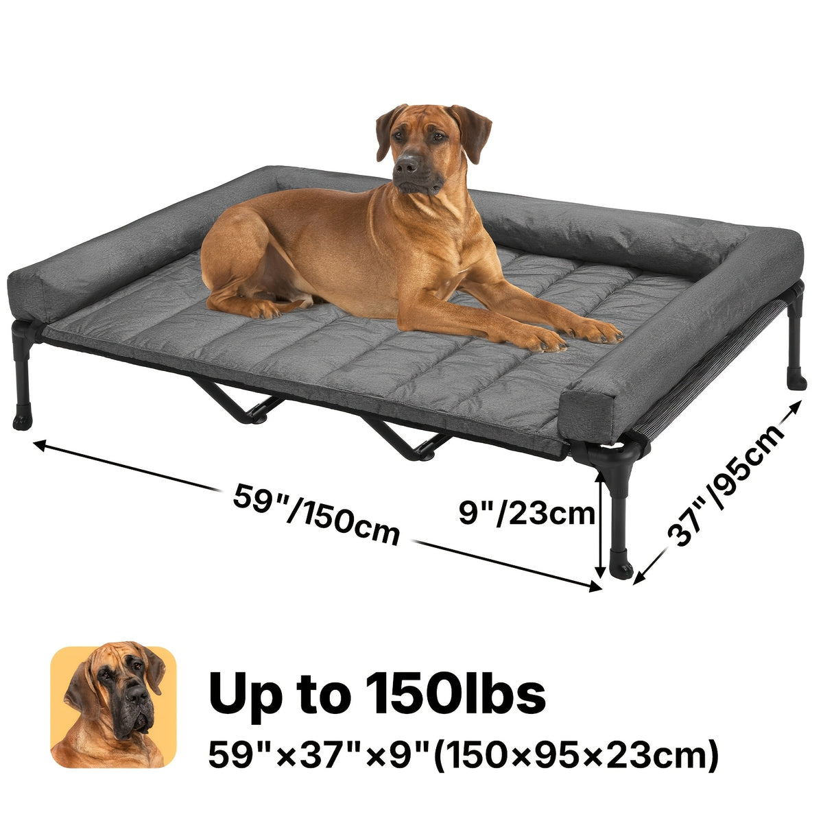 Elevated Dog Bed with Removable Pillow-Top Mat, Three-Sided Bolster Pet Cot with Breathable Teslin Mesh, Steel Frame and Non-Slip Feet in Four Sizes